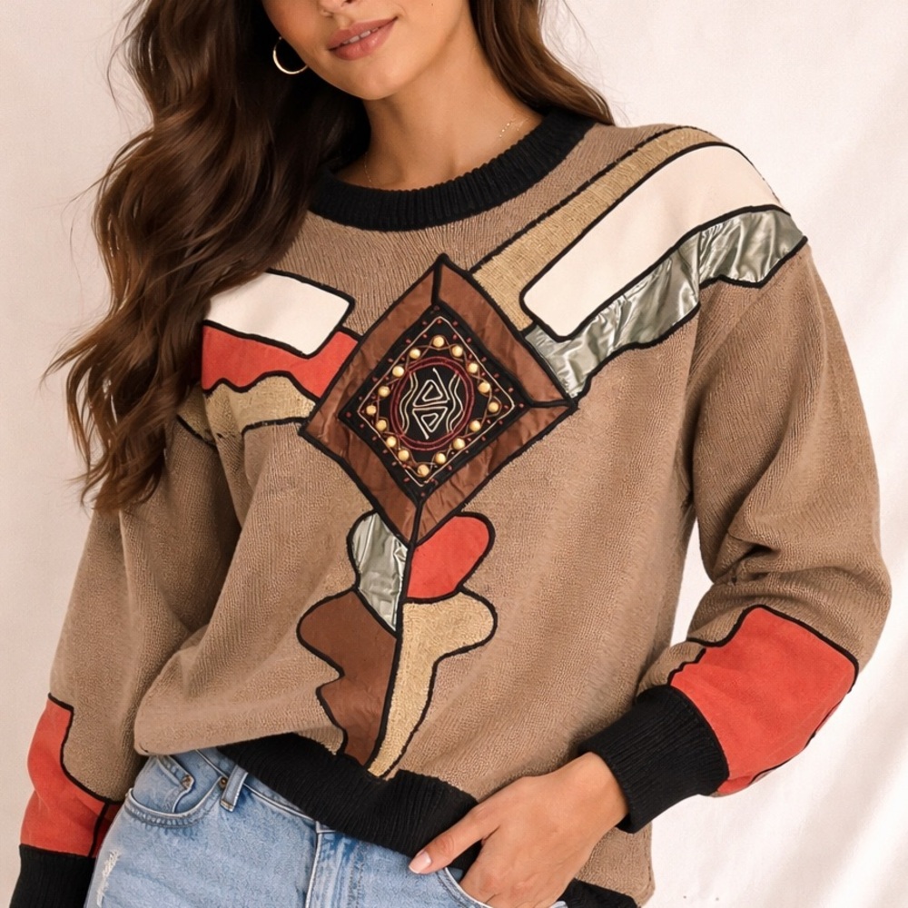 Bonnie&Billy by Holly Vtg 90s Statement Knit Sweater Ramie Cotton Tan brown Sz M